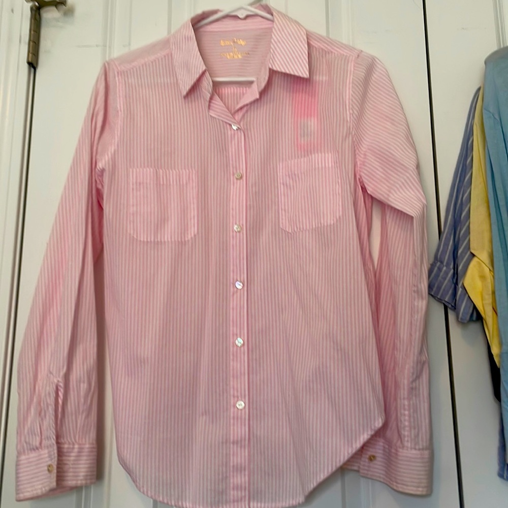 Lily Pulitzer seeesucker pink collared shirt. Good for beach also.